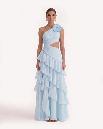 Chiffon-Maxikleid mit One, Schulterausschnitt und Rüschen – Blau