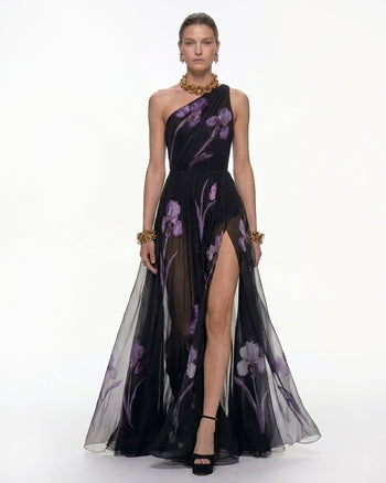 Florales One-Schulter-Maxikleid - Schwarz