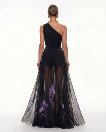 Florales One-Schulter-Maxikleid - Schwarz