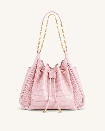 Rowan Raffierte Kordelzug-Ketten-Bucket-Bag - Pink Krokodilloptik