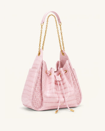 Rowan Raffierte Kordelzug-Ketten-Bucket-Bag - Pink Krokodilloptik