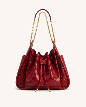 Rowan Raffierte Kordelzug-Ketten-Bucket-Bag - Dunkelrot Krokodilloptik