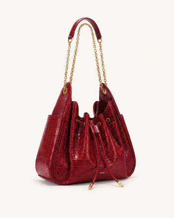 Rowan Raffierte Kordelzug-Ketten-Bucket-Bag - Dunkelrot Krokodilloptik