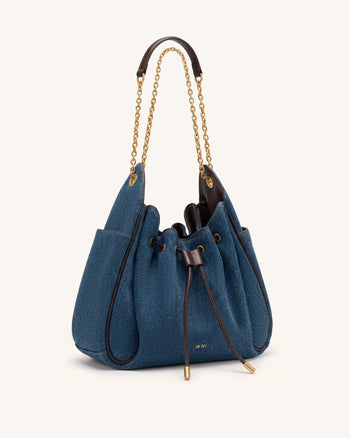 Rowan Geraffte Beuteltasche mit Kordelzug und Kette - Dunkelblaues Denim