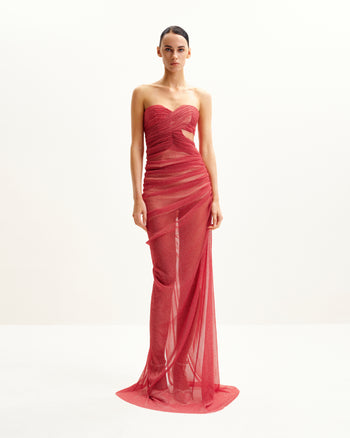 Mia Trägerloses Transparente Glitzerkleid - Scharlachrot