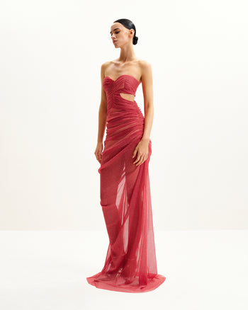 Mia Trägerloses Transparente Glitzerkleid - Scharlachrot