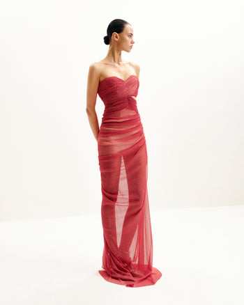 Mia Trägerloses Transparente Glitzerkleid - Scharlachrot