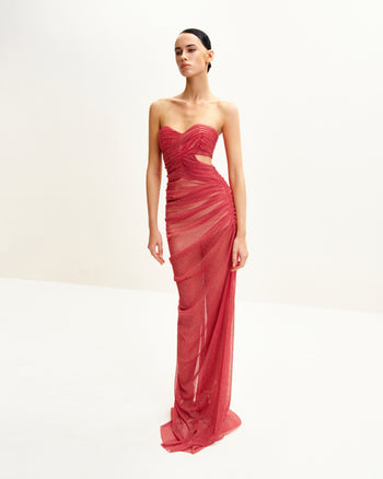 Mia Trägerloses Transparente Glitzerkleid - Scharlachrot