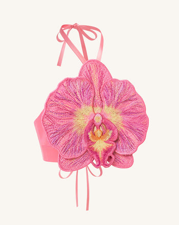 Neckholder-Crop-Top mit 3D-Orchidee - Pink