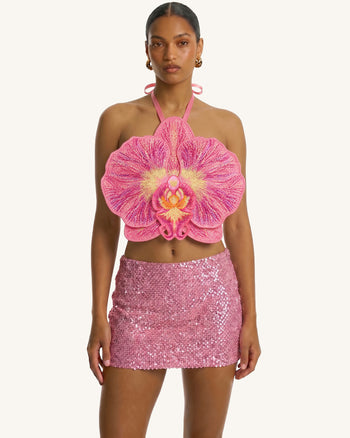 Neckholder-Crop-Top mit 3D-Orchidee - Pink