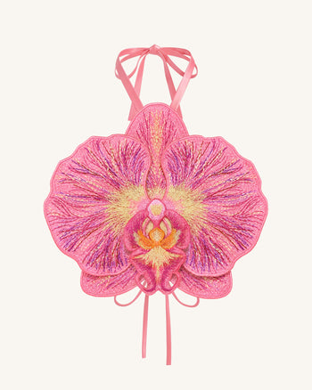 Neckholder-Crop-Top mit 3D-Orchidee - Pink