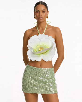Neckholder-Crop-Top mit 3D-Blüten - Elfenbein