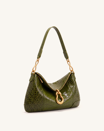 Jayla Schultertasche mit Metallanhänger-Verzierung - Grüne Krokoprägung