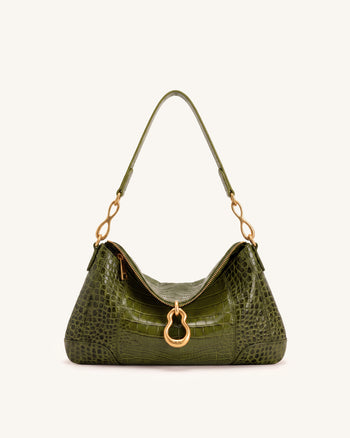 Jayla Schultertasche mit Metallanhänger-Verzierung - Grüne Krokoprägung