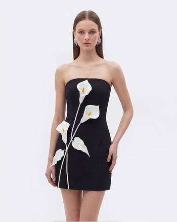 Trägerloses Kleid mit Blumen-Applikationen - Schwarz