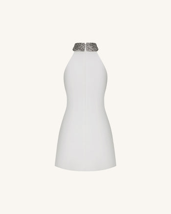 Neckholder-Kleid mit Schmucksteinen und Iris-Motiv - Weiß
