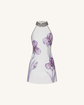 Neckholder-Kleid mit Schmucksteinen und Iris-Motiv - Weiß