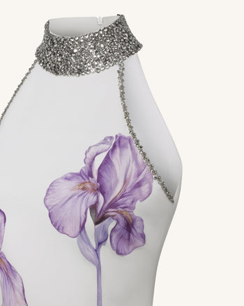 Neckholder-Kleid mit Schmucksteinen und Iris-Motiv - Weiß