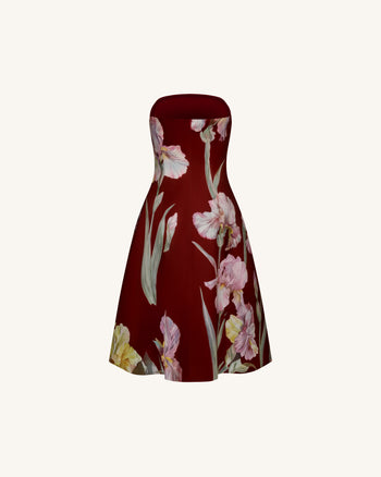 Trägerloses A-Linien-Kleid mit Iris-Blumenprint - Burgunderrot