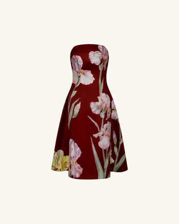 Trägerloses A-Linien-Kleid mit Iris-Blumenprint - Burgunderrot