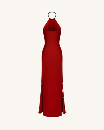 Neckholder-Maxikleid mit Iris-Blumenprint - Rubinrot