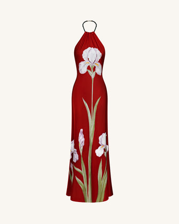 Neckholder-Maxikleid mit Iris-Blumenprint - Rubinrot