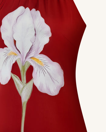 Neckholder-Maxikleid mit Iris-Blumenprint - Rubinrot
