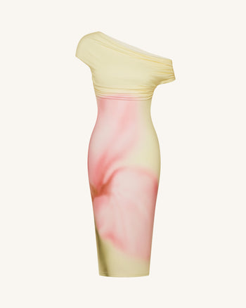 Asymmetrisches One-Shoulder-Midikleid mit Aquarell-Blumenmuster - Gelb