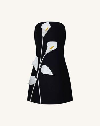 Trägerloses Kleid mit Blumen-Applikationen - Schwarz
