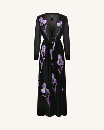 Transparentes langärmeliges Abendkleid mit Iris-Blumenprint - Schwarz/Lila