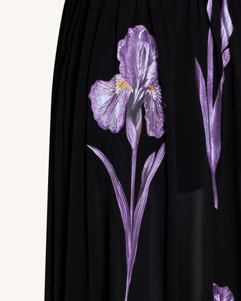 Transparentes langärmeliges Abendkleid mit Iris-Blumenprint - Schwarz/Lila