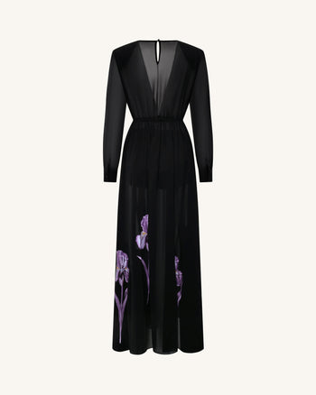 Transparentes langärmeliges Abendkleid mit Iris-Blumenprint - Schwarz/Lila