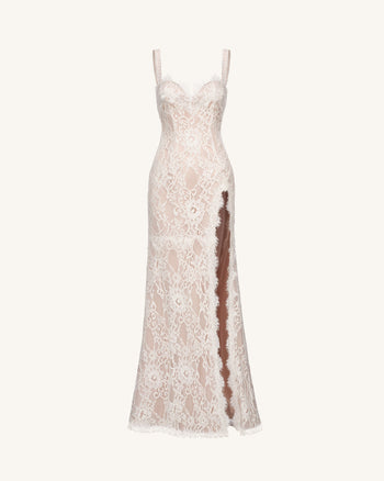 Maxikleid aus Spitze mit Schlitz - Weiß