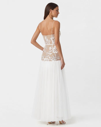 Transparentes Tüll-Maxikleid mit Blüten-Applikationen - Weiß