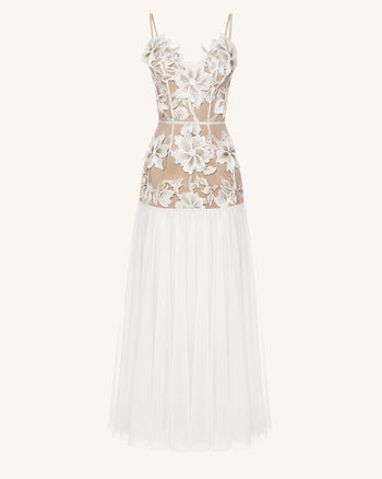 Transparentes Tüll-Maxikleid mit Blüten-Applikationen - Weiß