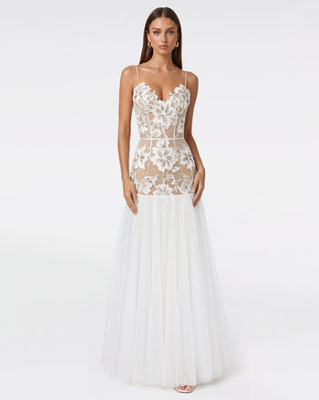 Transparentes Tüll-Maxikleid mit Blüten-Applikationen - Weiß