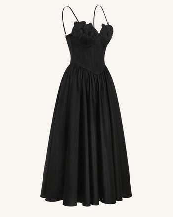 Korsett-Maxikleid mit Orchideen-Stickerei-Applikation - Schwarz