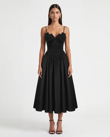 Korsett-Maxikleid mit Orchideen-Stickerei-Applikation - Schwarz