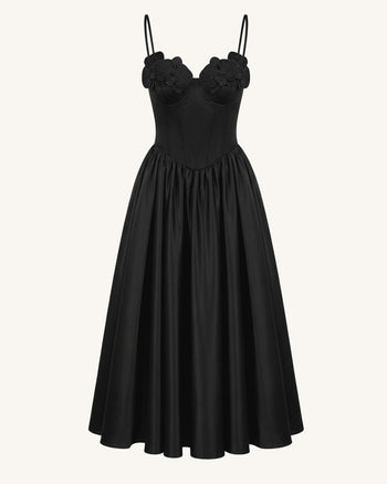 Korsett-Maxikleid mit Orchideen-Stickerei-Applikation - Schwarz