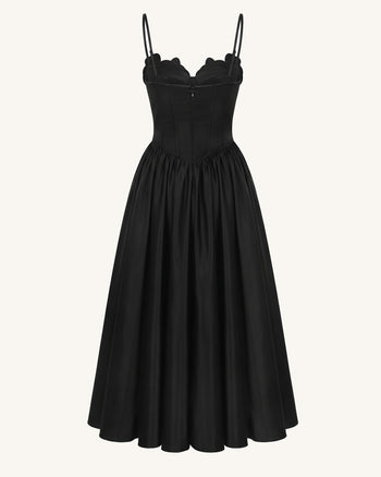 Korsett-Maxikleid mit Orchideen-Stickerei-Applikation - Schwarz