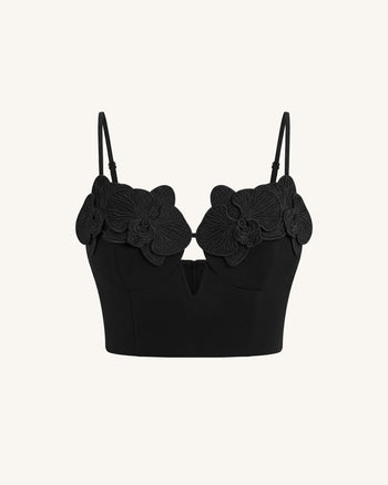 Korsett-Bustier-Top mit Orchideen-Stickerei-Applikation - Schwarz