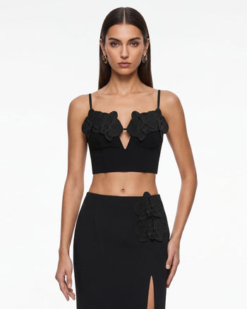 Korsett-Bustier-Top mit Orchideen-Stickerei-Applikation - Schwarz