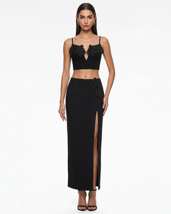 Korsett-Bustier-Top mit Orchideen-Stickerei-Applikation - Schwarz