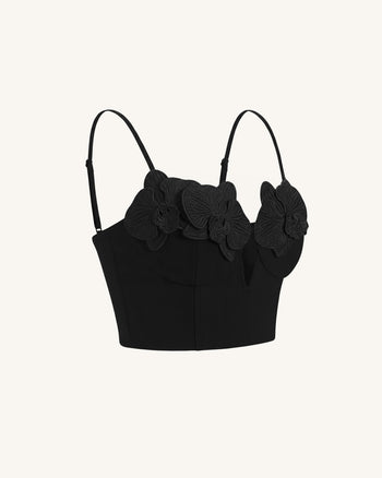 Korsett-Bustier-Top mit Orchideen-Stickerei-Applikation - Schwarz