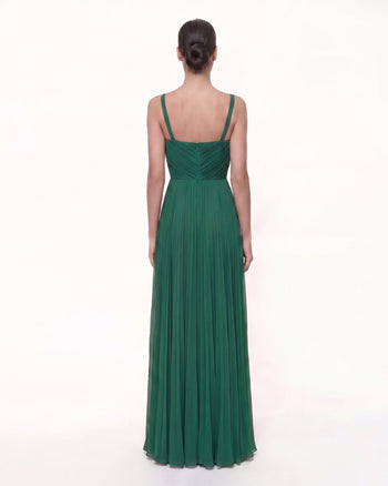 Iris Besticktes Plissee-Maxikleid mit V-Ausschnitt – Smaragdgrün