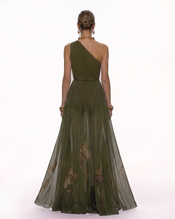 Florales One-Shoulder-Maxikleid - Olivgrün