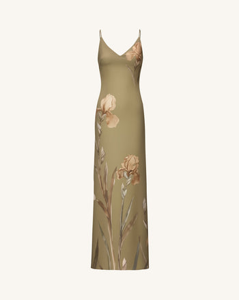 Satin-Slip-Kleid mit Iris-Motiv - Olivgrün