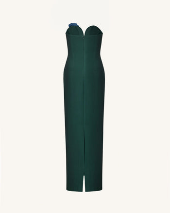Trägerloses Maxikleid mit Iris-Stickerei und Kerbausschnitt – Smaragdgrün