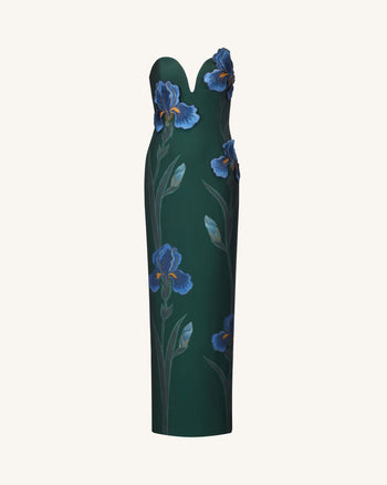 Trägerloses Maxikleid mit Iris-Stickerei und Kerbausschnitt – Smaragdgrün