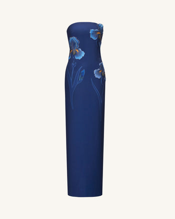 Trägerloses Maxikleid mit Iris-Stickerei - Marineblau